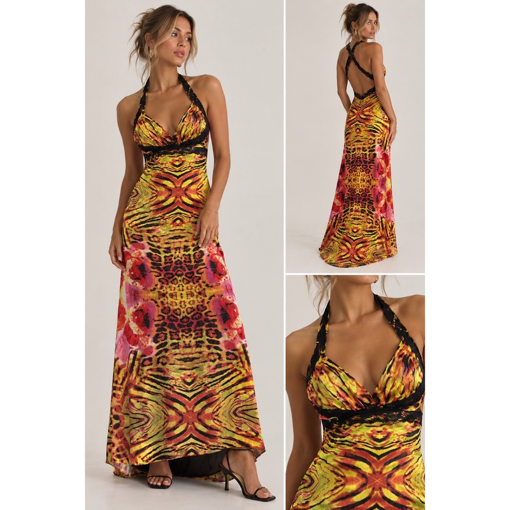 Y2K Club Prom Scene Animal Print Sequin Halter Maxi Dress Yellow Pink Size 7/8